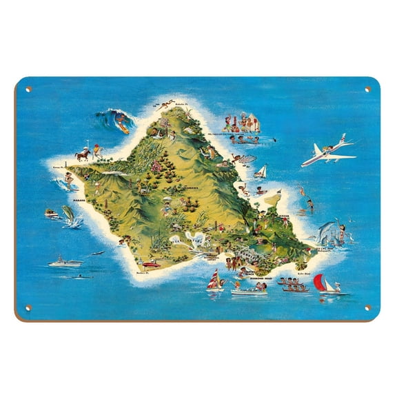 The Island of Oahu Hawaii - Vintage Pictorial Map by Ray Lanterman c.1962 - 8 x 12 inch Vintage Wood Art Sign