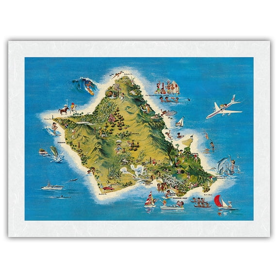 The Island of Oahu Hawaii - Vintage Pictorial Map by Ray Lanterman c.1962 - Japanese Unryu Rice Paper Art Print (Unframed) 18 x 24 in
