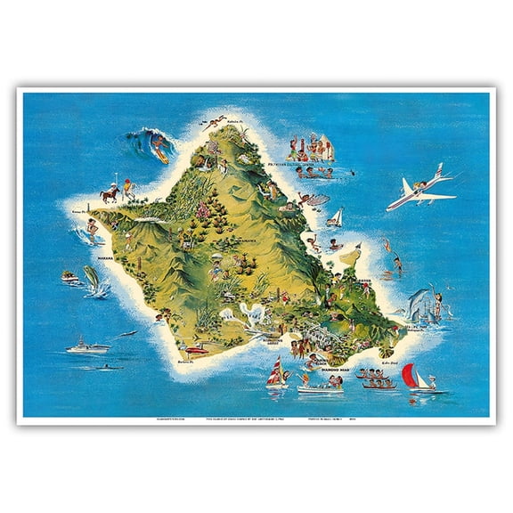 The Island of Oahu Hawaii - Vintage Pictorial Map by Ray Lanterman c.1962 - Master Art Print 10in x 14in