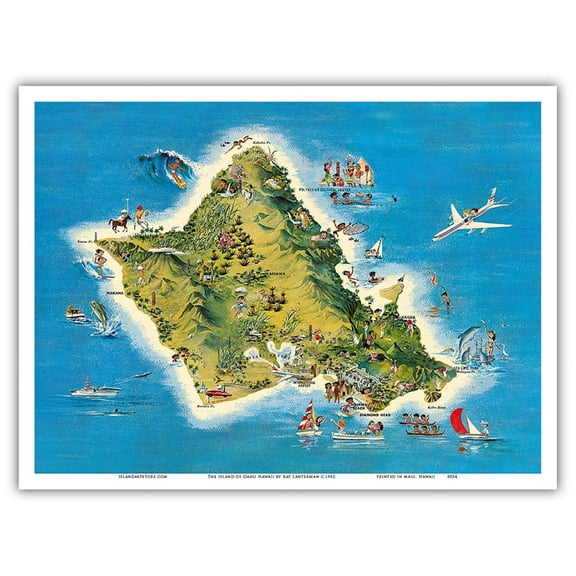 The Island of Oahu Hawaii - Vintage Pictorial Map by Ray Lanterman c.1962 - Master Art Print (Unframed) 9in x 12in