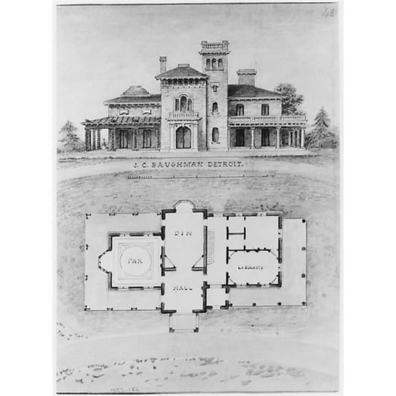 The J. C. Baughman (Scotten) House  Detroit  Michigan (front elevation and plan) Poster Print by Alexander Jackson Davis