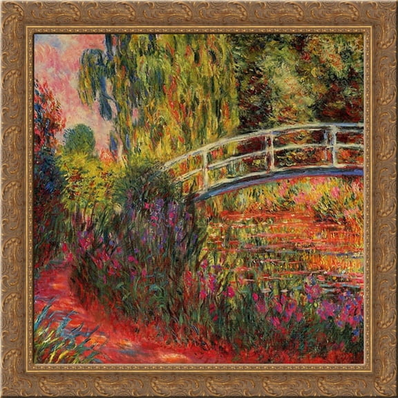 The Japanese Bridge (The Water Lily Pond, Water Irises) 20x20 Gold Ornate Wood Framed Canvas Art by Monet, Claude