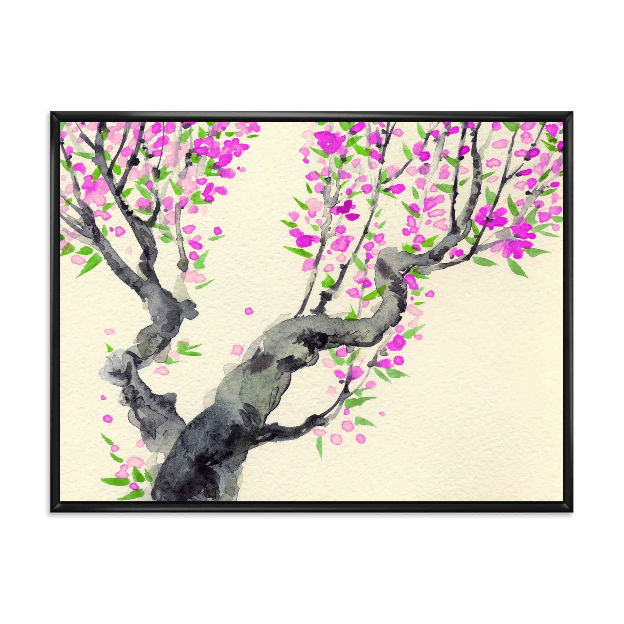 The Japanese Tree With Purple Flowers On 32 in x 24 in Framed Painting Canvas Art Print, by Designart
