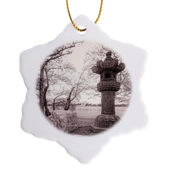 3drose, the Jefferson Memorial Framed by Cherry Blossoms and a Stone Lantern, 3 inch Snowflake Porcelain Ornament