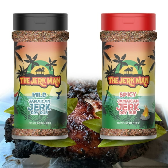 The Jerk Man Jamaican Spicy Dry Rub 2 Pack (Spicy/Mild), Use It on Fish, Meat, Veggies, 3.9 oz Each