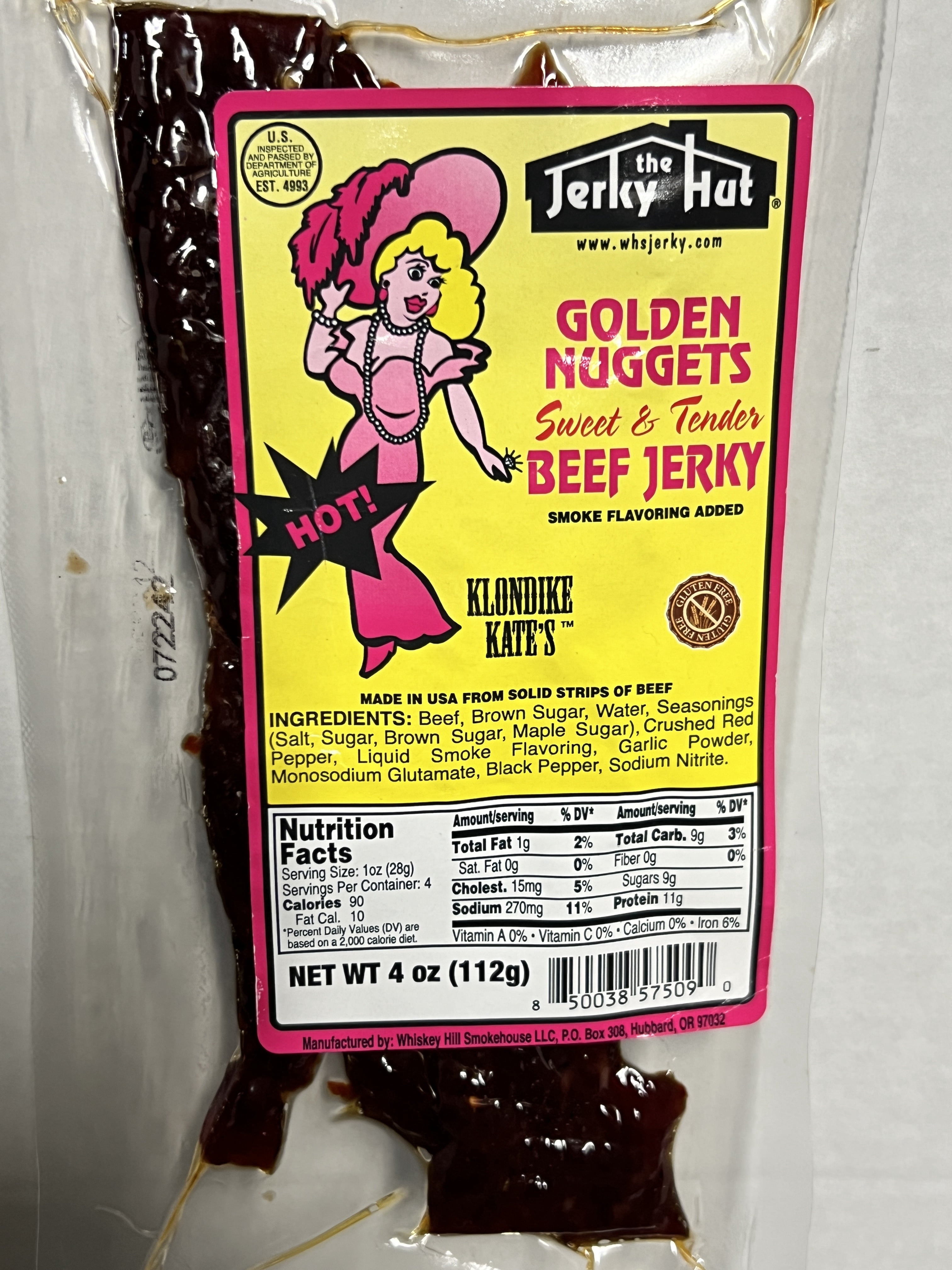 The Jerky Hut "Klondike Kate" Golden Nuggets w/Red Pepper Flakes Traditional Beef Jerky - Gluten Free (4oz)