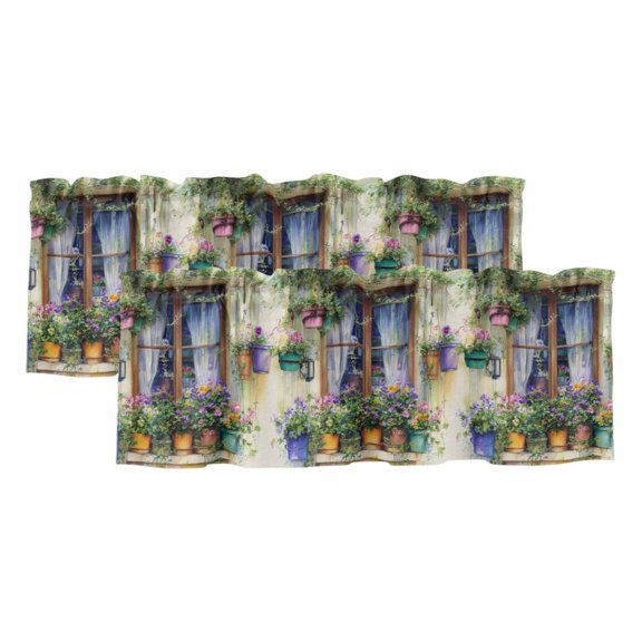 2 Pack Valances for Windows 54 x 18 Inch, Spring Flowers Decorative Kitchen Curtain Valance, Botanical Windows Floral Pots Bicycle Rod Pocket Short Curtains Window Treatment for Bathroom/Cafe