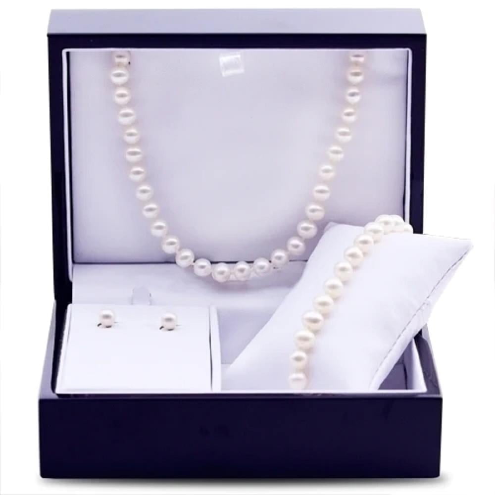 THE JEWELRY HUT Vintage Inspired Style White Pearls Bracelet, Necklace, and Earrings Set, 925 Sterling Silver