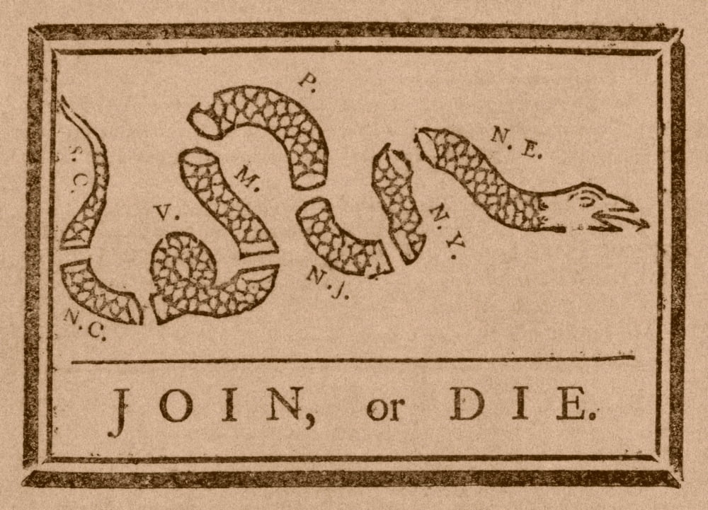 The Join or Die print was a political cartoon created by Benjamin Franklin Canvas Art - John ParrotStocktrek Images (17 x 12)
