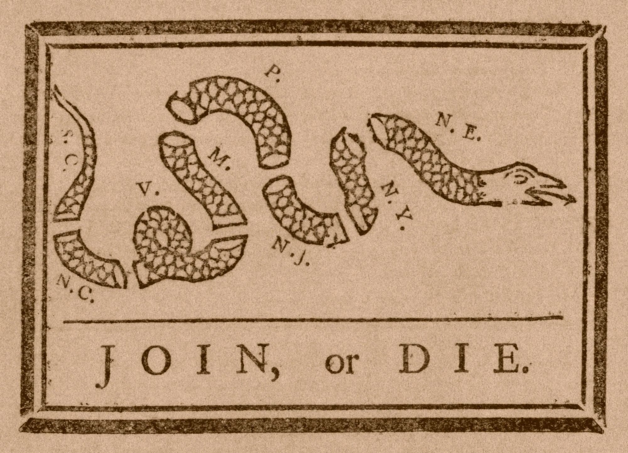 The Join or Die print was a political cartoon created by Benjamin Franklin Canvas Art - John ParrotStocktrek Images (34 x 24)