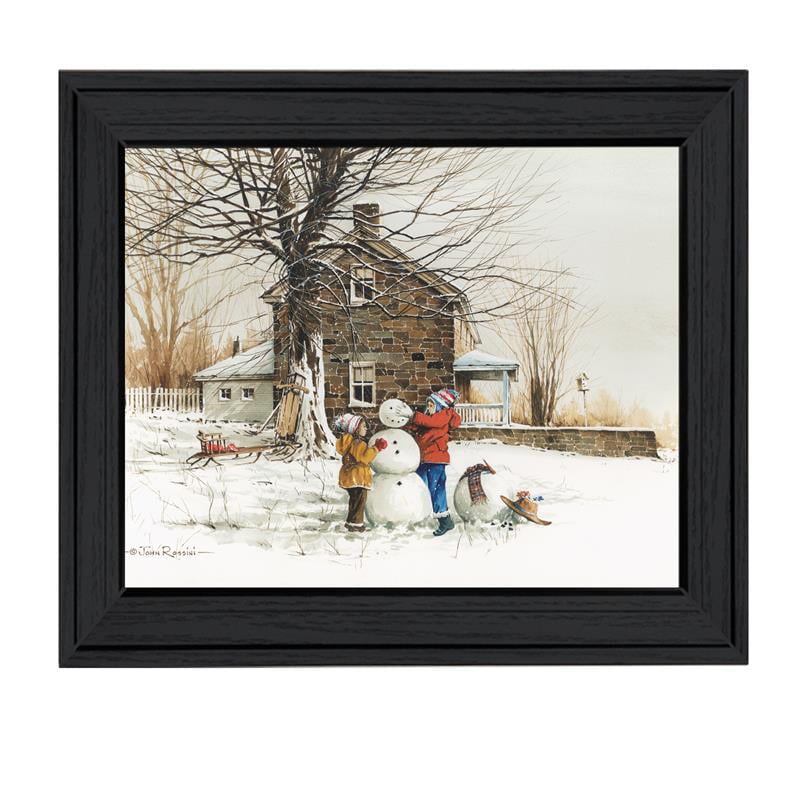 John Rossini Holiday Snowman Print on Canvas with Black Wood Frame