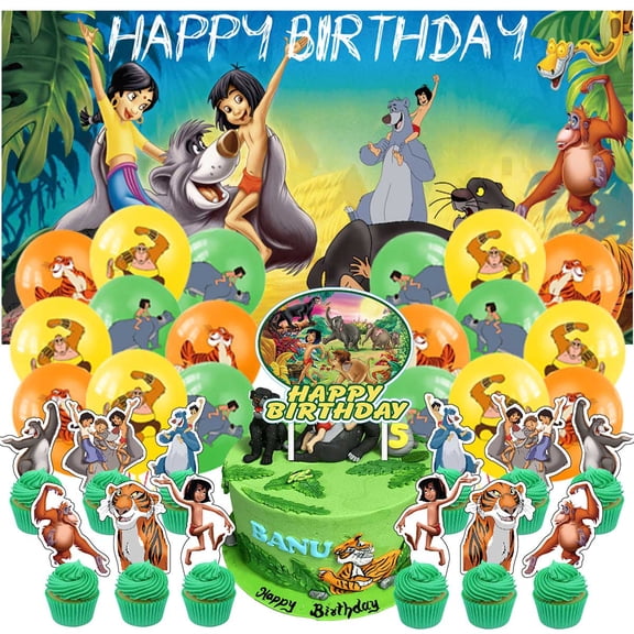 The Jungle-Book Birthday Party Decor Set - 5x2.3ft Themed Backdrop Banner, Latex Balloons & Cake Toppers Party Supplies