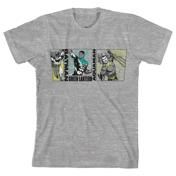The Justice League Batman, Green Lantern, and Aquaman Youth Athletic Heather Gray Graphic Tee-Medium