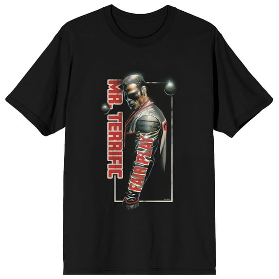 The Justice League Mr. Terrific Dramatic Lighting White Rectangular Frame Men's Black Crew Neck Short Sleeve Tee-4XL