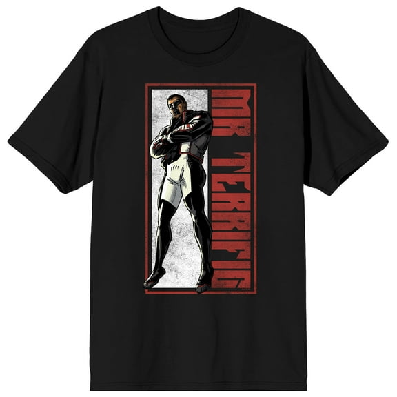 The Justice League Mr. Terrific Name Text Red Rectangular Frame Men's Black Crew Neck Short Sleeve Tee-XS