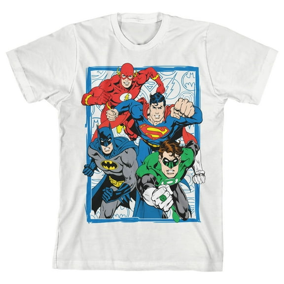 The Justice League Superheroes and Logos Youth White Graphic Tee-XL