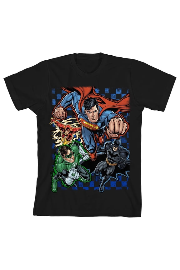 The Justice League Superheroes on Checkered Background Youth Black Graphic Tee-XL