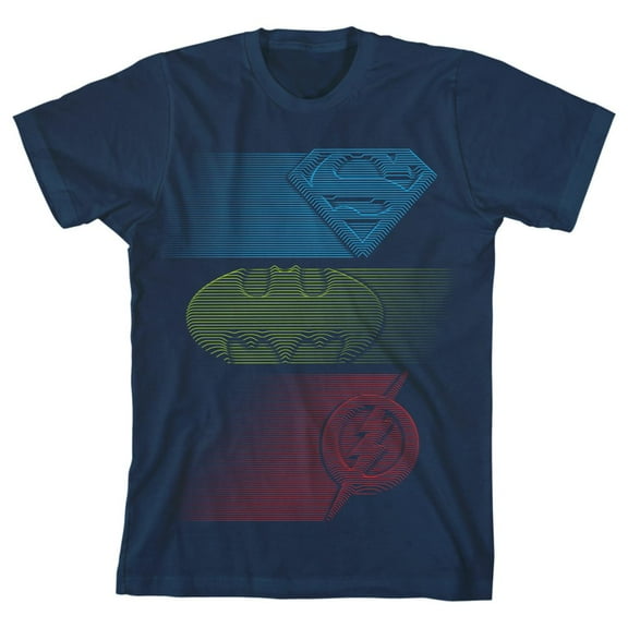 The Justice League Three Superheroes Youth Navy Blue Graphic Tee-XS