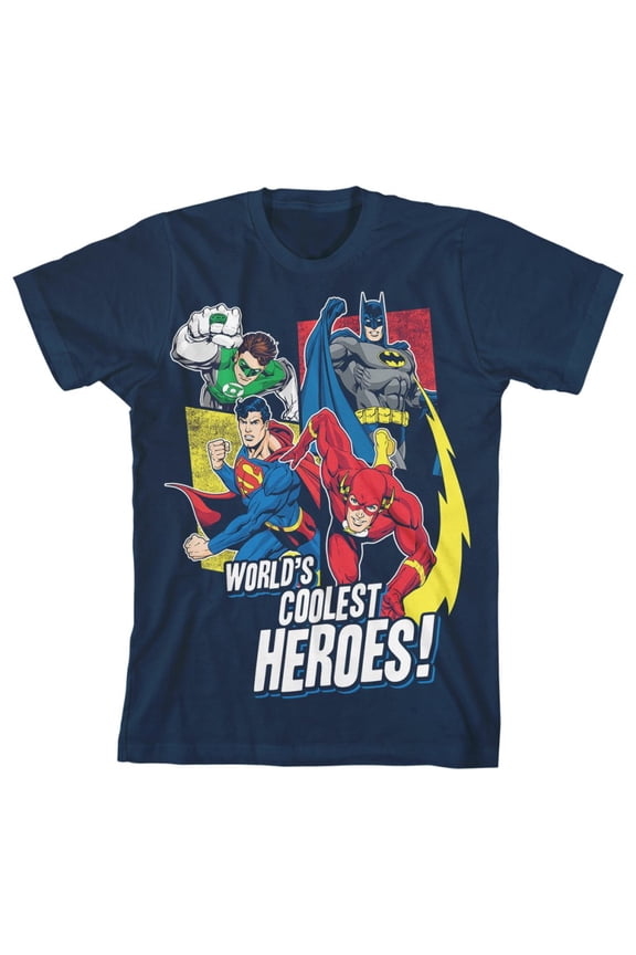 The Justice League World's Greatest Heroes Youth Navy Blue Graphic Tee-Large