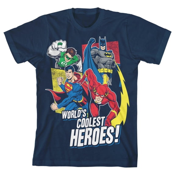The Justice League World's Greatest Heroes Youth Navy Blue Graphic Tee-Large