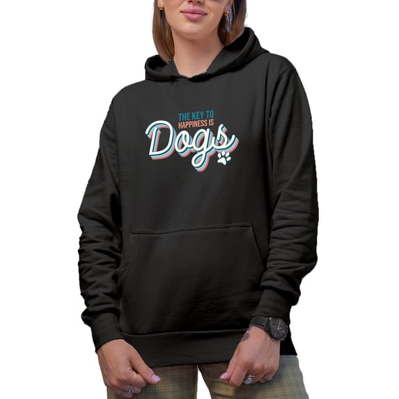 The Key to Happiness Is Dogs Quote feat. a Paw Art Merch Gift, Black Hooded Sweatshirt or Hoodie, XL