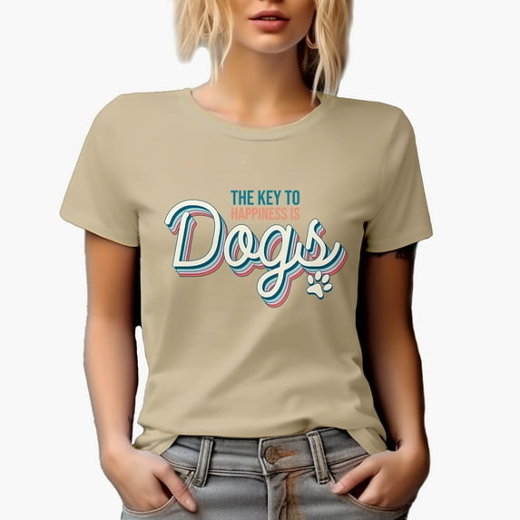 The Key to Happiness Is Dogs Quote with Paw Art Merch Gift, Tan T-Shirt, Large