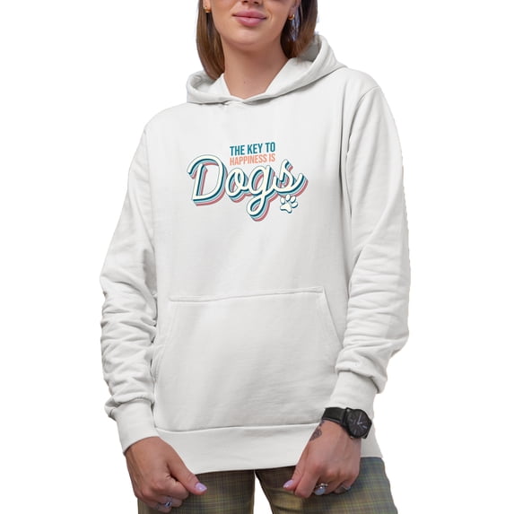The Key to Happiness Is Dogs Quote with Paw Art Merch Gift, White Hooded Sweatshirt or Hoodie, Large