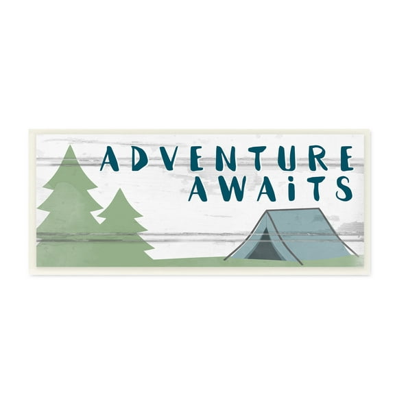 The Kids Room By Stupell Adventure Awaits Camping Scene with Trees Planked Look Sign Wall Plaque Art, 7 x 17