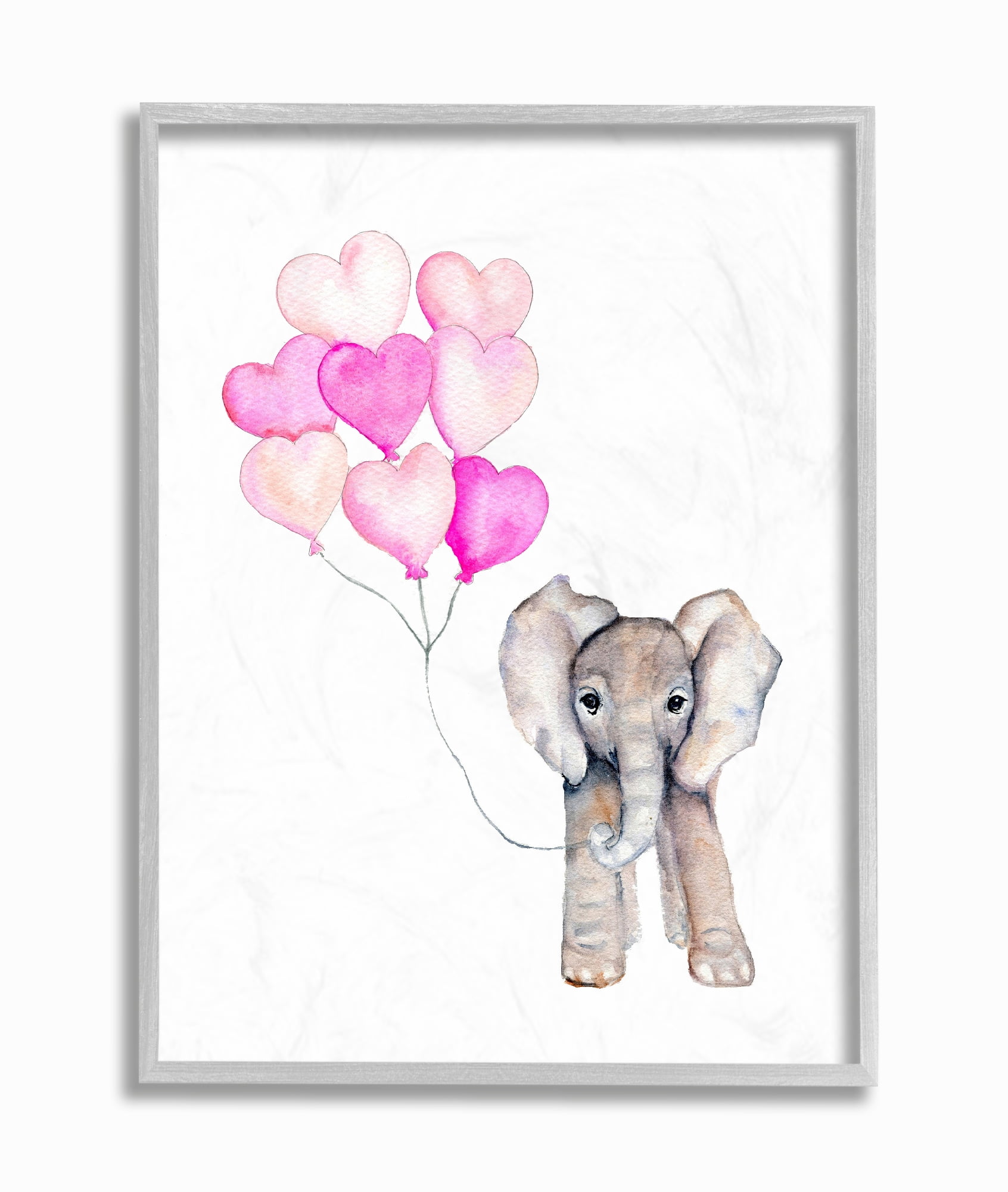 The Kids Room By Stupell Baby Elephant with Pink Heart Balloons Gray Framed Texturized Art