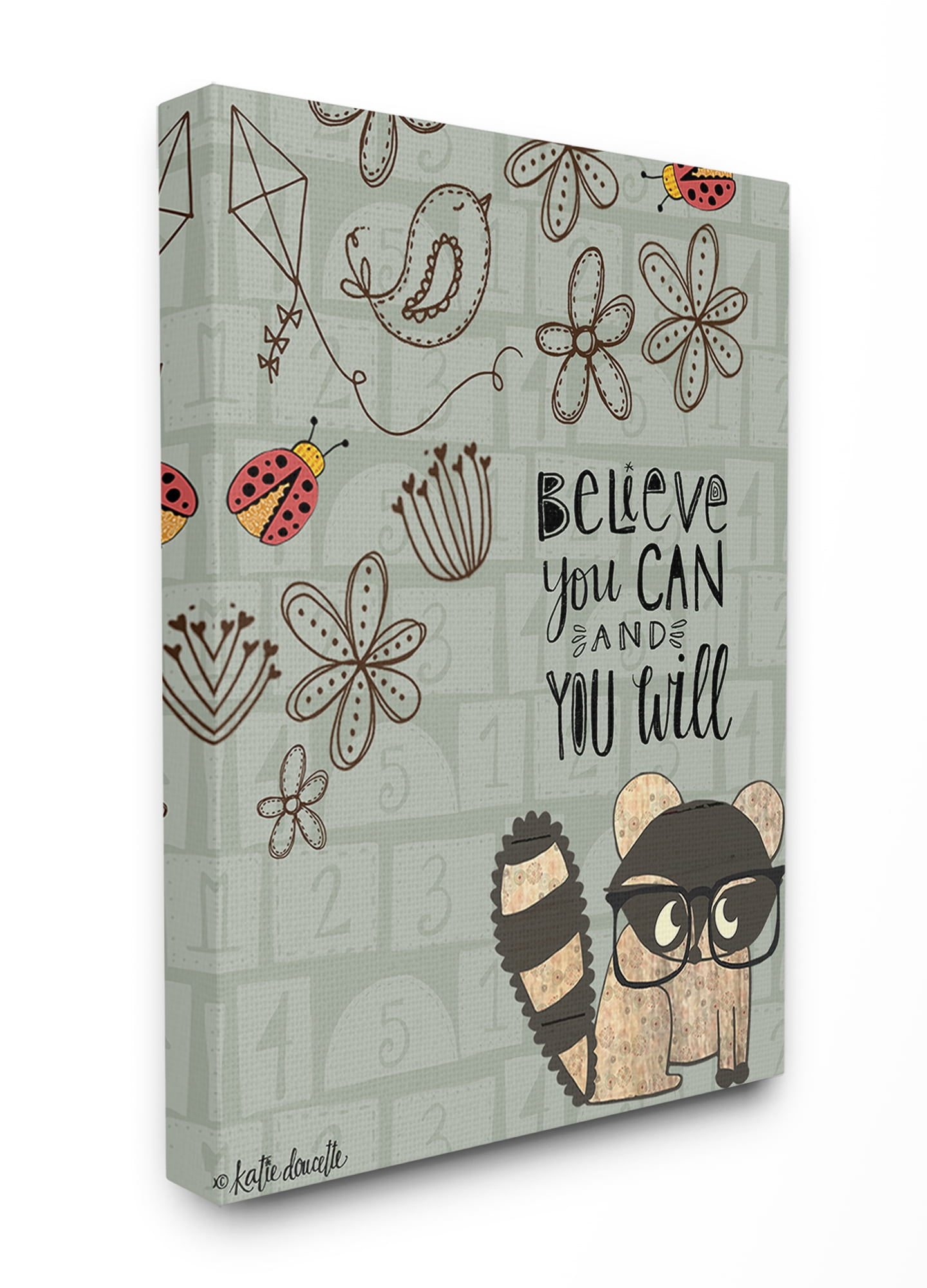 The Kids Room By Stupell Believe You Can Floral Pattern Raccoon with Glasses Stretched Canvas Wall Art, 16 x 20