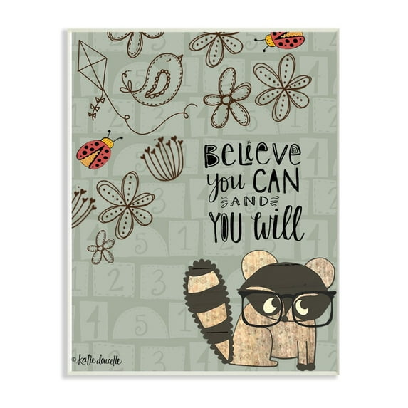 The Kids Room By Stupell Believe You Can Floral Pattern Raccoon with Glasses Wall Plaque Art, 12.5 x 18.5