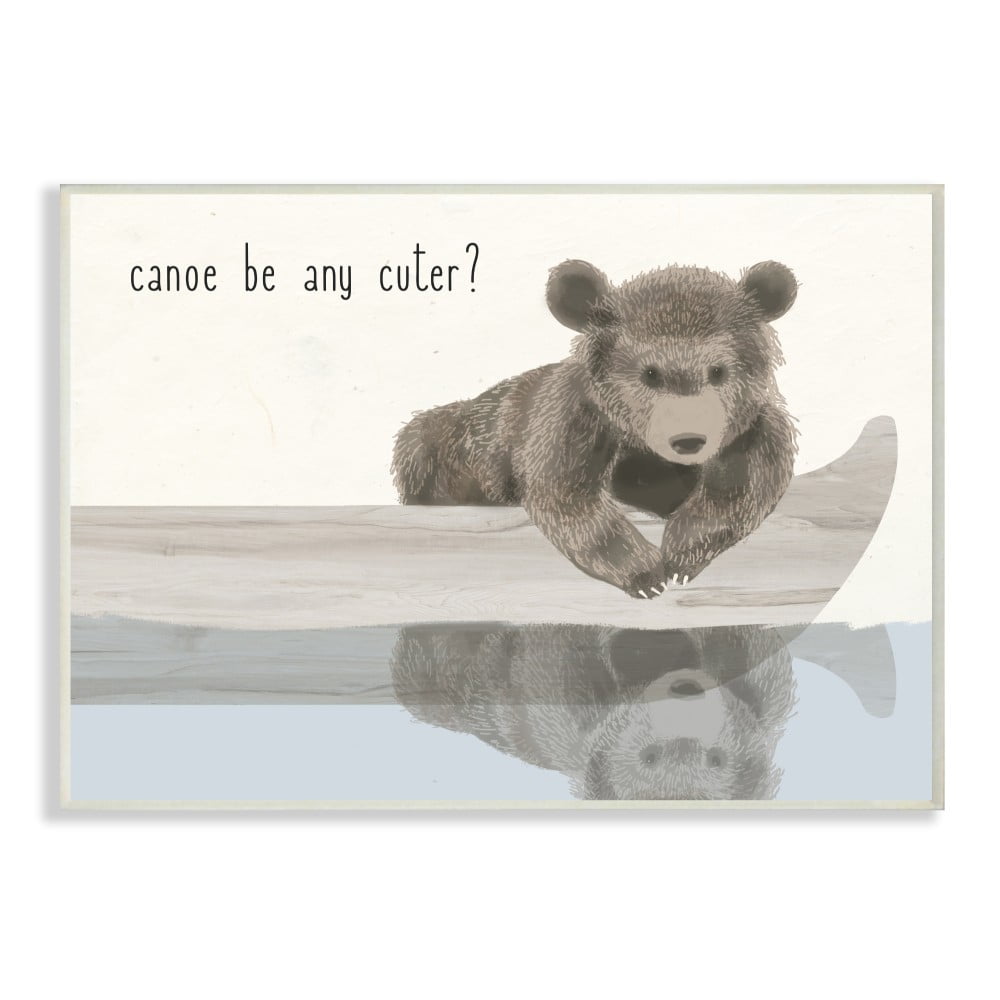 The Kids Room By Stupell Canoe Be Any Cuter Grey Blue and Off White Soft Nursery Neutral Baby Bear Wall Plaque Art, 10 x 15