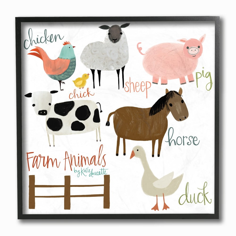 Stupell Industries The Kids Room By Stupell Cow Pig Sheep Horse Chicken and Duck Farm Framed Wall Art, 12x12, Design By Artist Katie Doucette