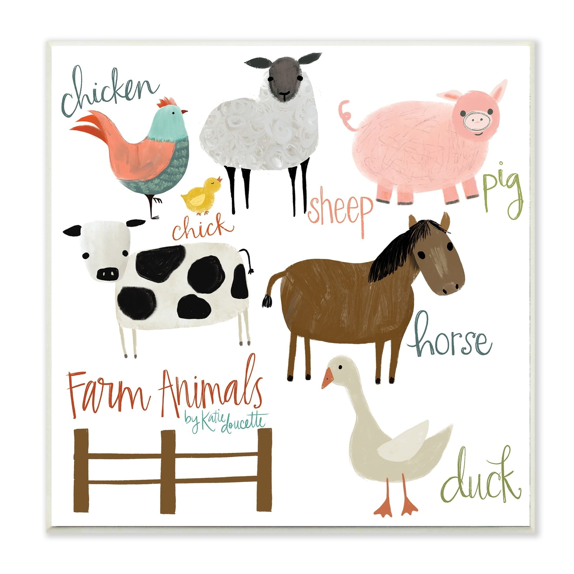 The Kids Room By Stupell Cow Pig Sheep Horse Chicken and Duck Farm Animal Illustrations with Hand Lettering Wall Plaque Art, 12 x 12