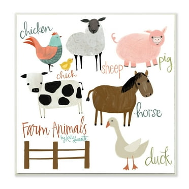 The Kids Room By Stupell Cow Pig Sheep Horse Chicken and Duck Farm Animal Illustrations with Hand Lettering Wall Plaque Art, 12 x 12