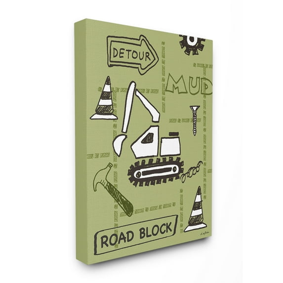 The Kids Room By Stupell Detour Green Bulldozer Road Block Construction Zone Canvas Wall Art