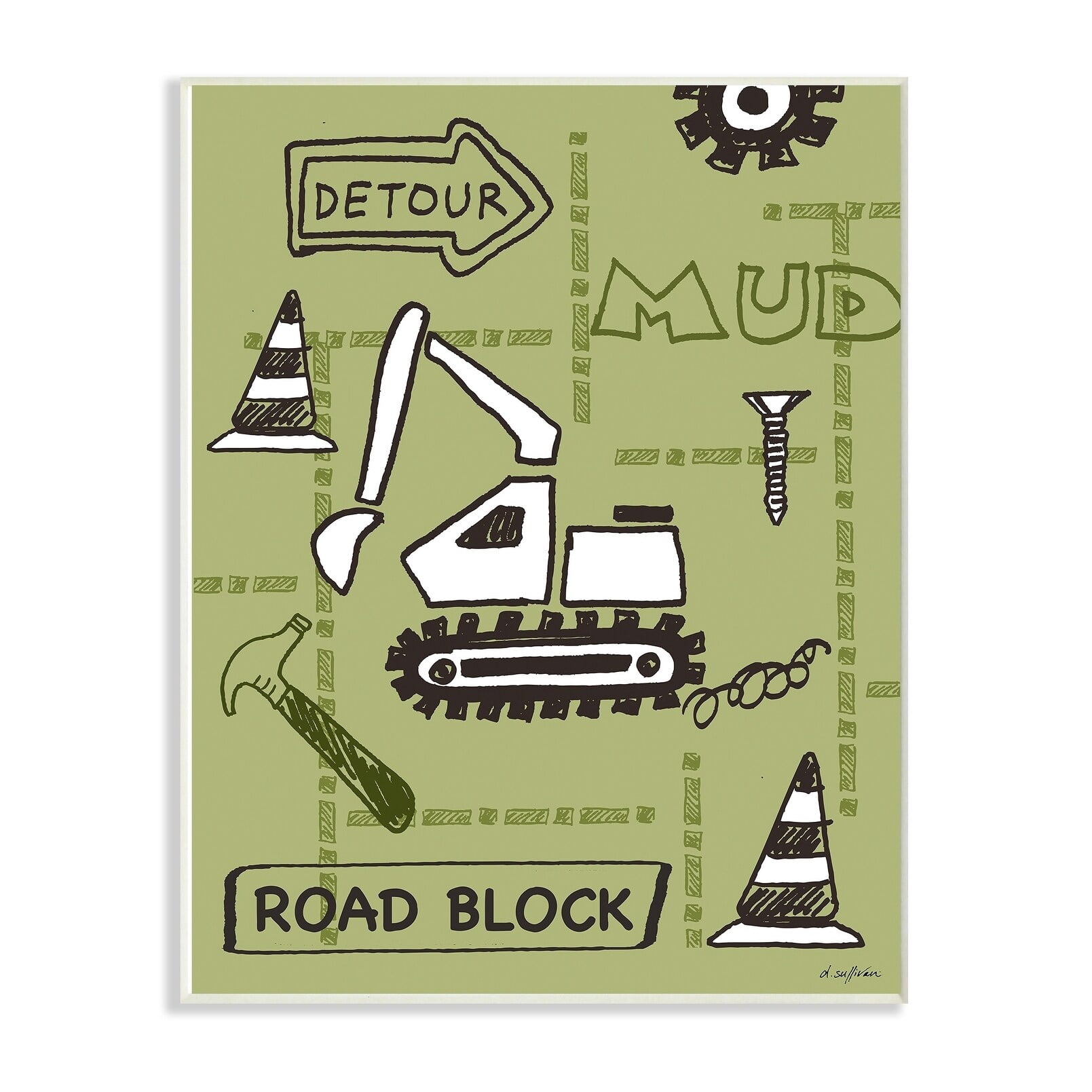 The Kids Room By Stupell Detour Green Bulldozer Road Block Construction Zone Wall Plaque Art