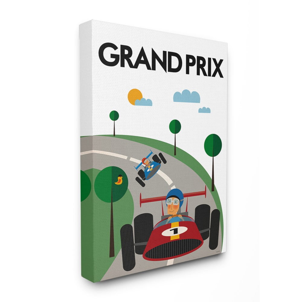 The Kids Room By Stupell Green Orange Blue and Red Grand Prix Minimal Mod Race Cars Stretched Canvas Wall Art, 16 x 20