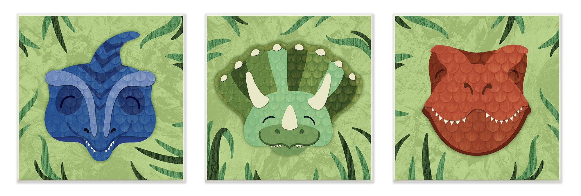 The Kids Room By Stupell Green Textured Dinosaurs in the Jungle Trio Wall Plaque Art, 3pc, each 12 x 12