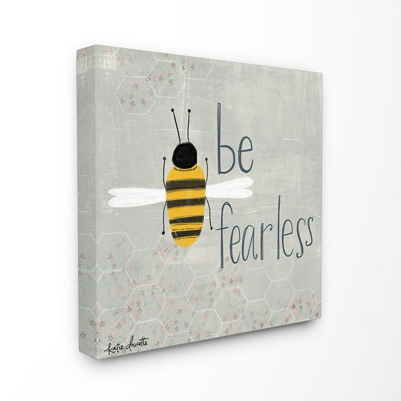 The Kids Room By Stupell Grey and Yellow Be Fearless Bee Illustration with Honeycomb Pattern Stretched Canvas Wall Art, 30 x 30