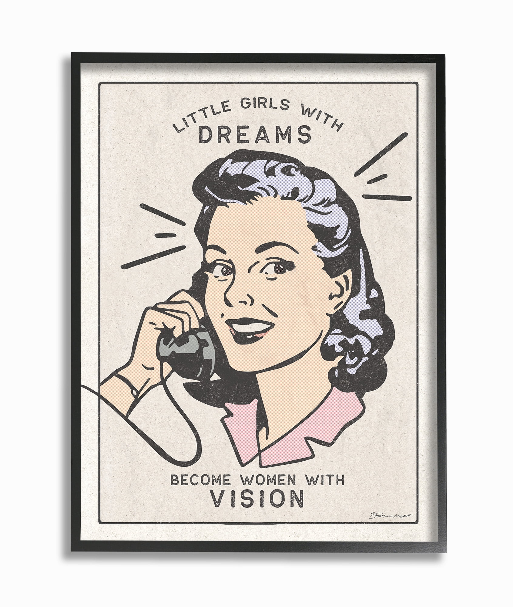 The Kids Room By Stupell Little Girls with Dreams Retro Designed Woman with Phone Framed Texturized Art