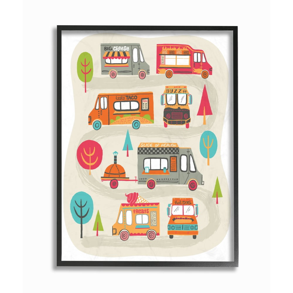 The Kids Room By Stupell Mod Illustration Quirky Food Trucks And Trees Framed Giclee Texturized Art, 11 x 14