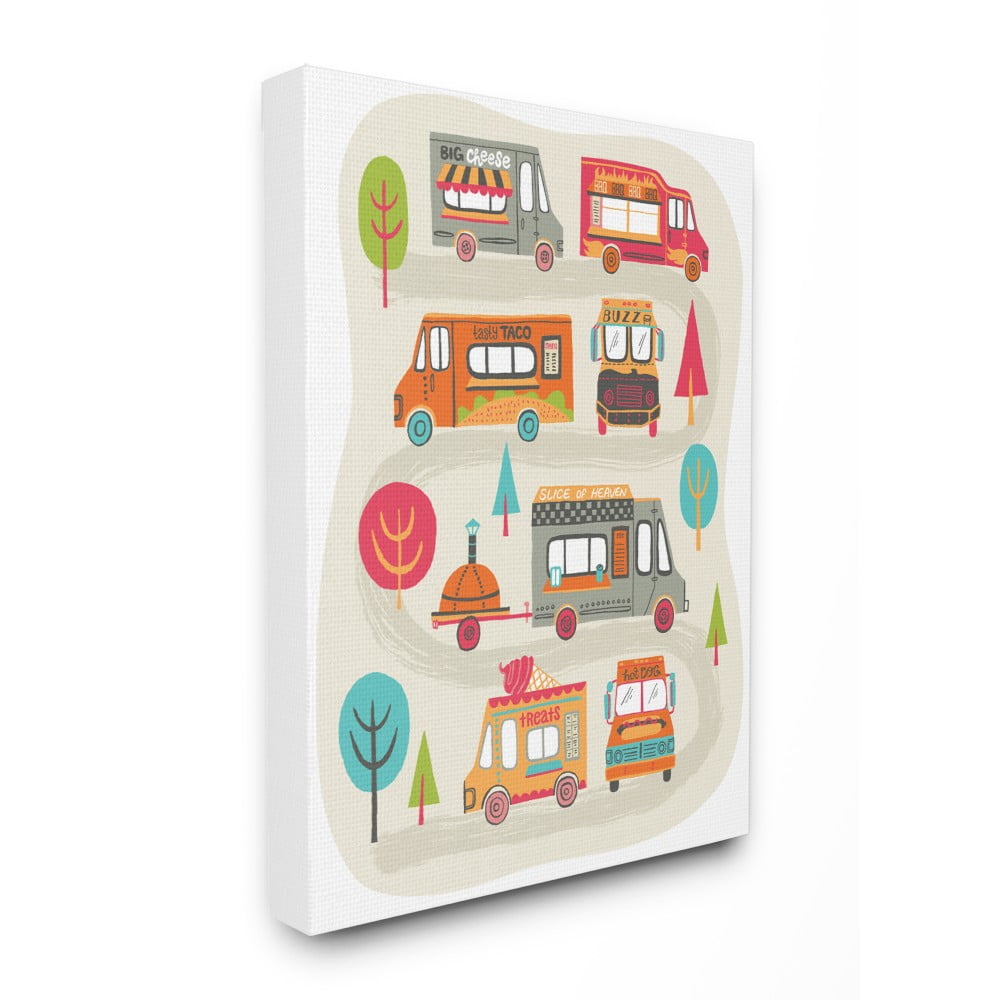 The Kids Room By Stupell Mod Illustration Quirky Food Trucks And Trees Stretched Canvas Wall Art, 16 x 20