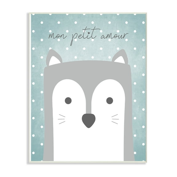 The Kids Room By Stupell Mon Petit Amour Grey Fox with Blue Polka dots Wall Plaque Art