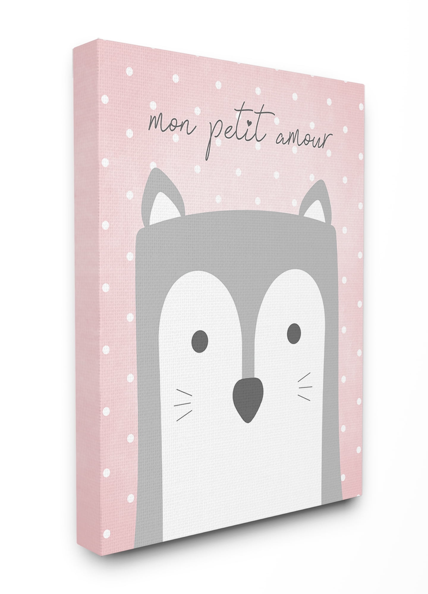 The Kids Room By Stupell Mon Petit Amour Grey Fox with Pink Polka dots Canvas Wall Art
