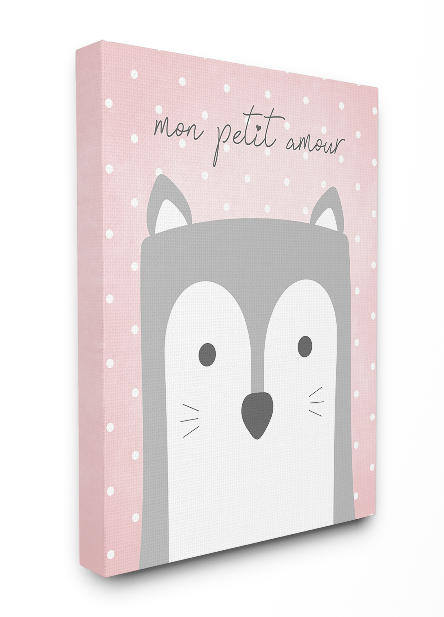 The Kids Room By Stupell Mon Petit Amour Grey Fox with Pink Polka dots Canvas Wall Art
