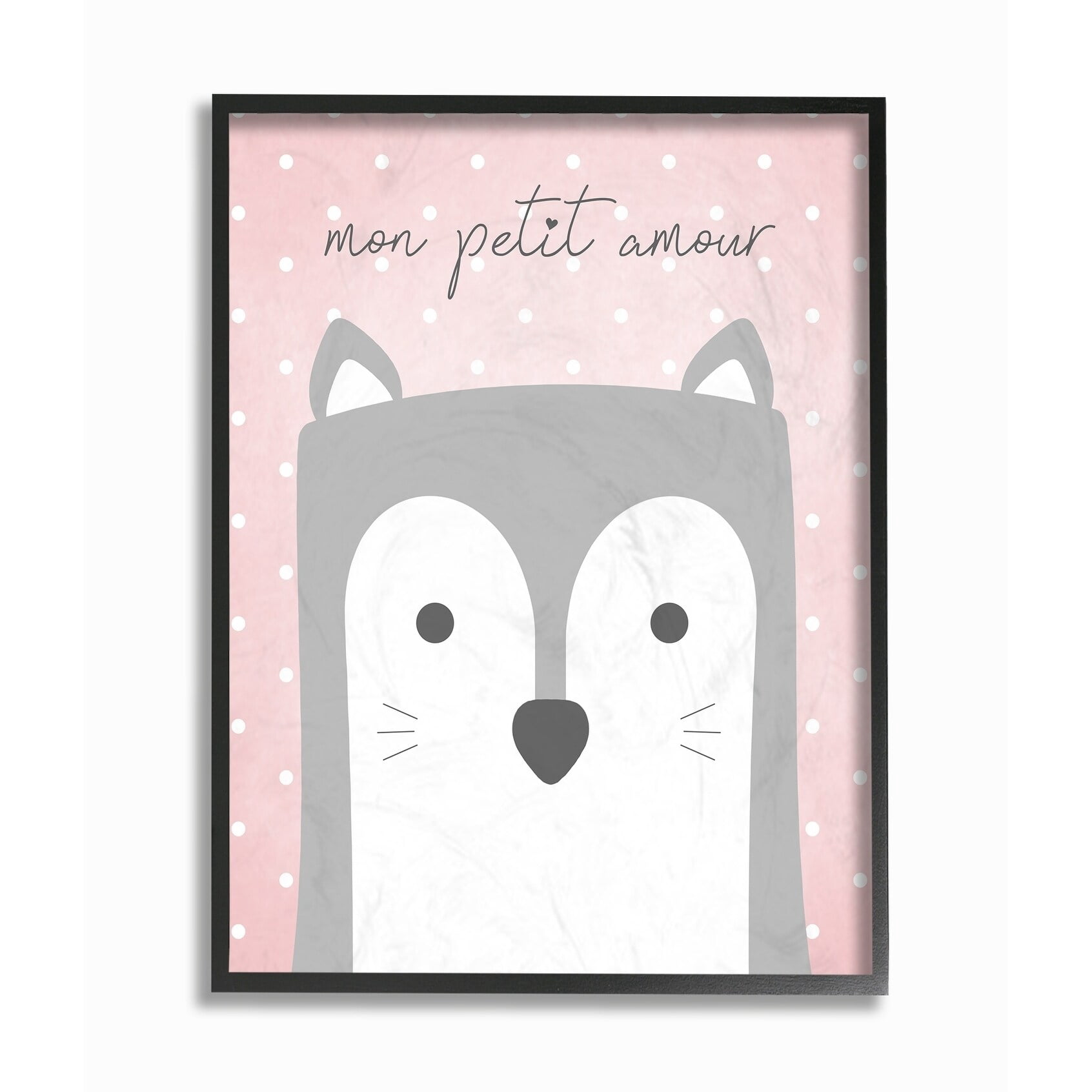The Kids Room By Stupell Mon Petit Amour Grey Fox with Pink Polka dots Framed Art, 11 x 14, Design By Artist Jessica Mundo 16 x 20