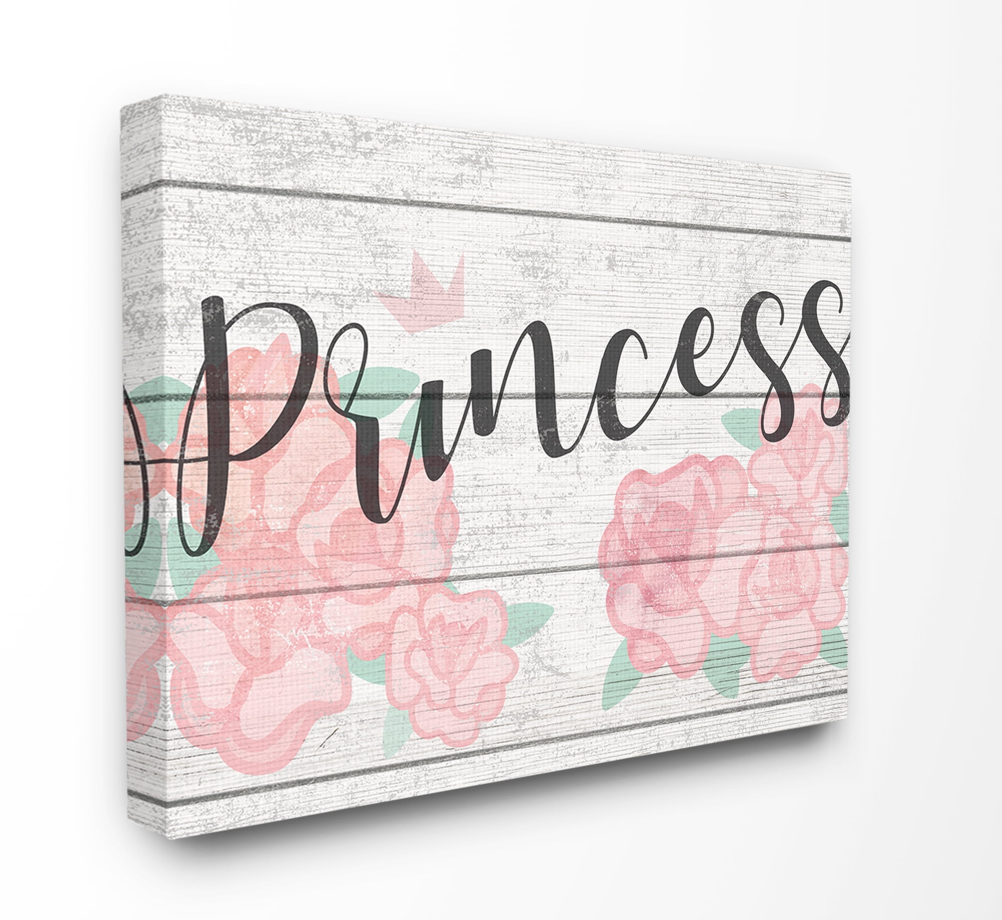 The Kids Room By Stupell Pink Roses Princess with Crown Planked Look Sign Canvas Wall Art