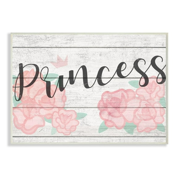 The Kids Room By Stupell Pink Roses Princess with Crown Planked Look Sign Wall Plaque Art