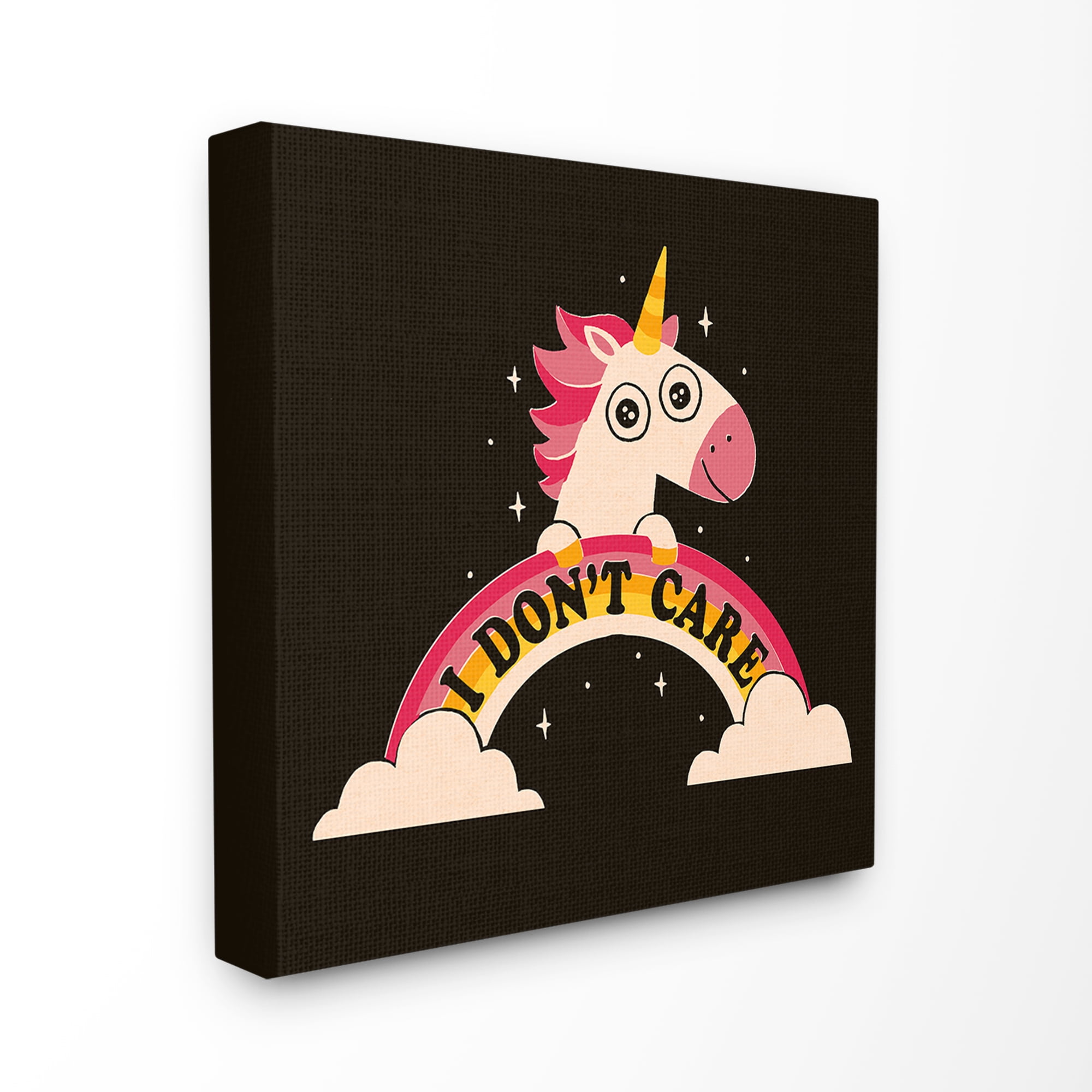 The Kids Room By Stupell Pink and Yellow Unicorn with Rainbow Doesn\xe2\x80\x99t Care Canvas Wall Art